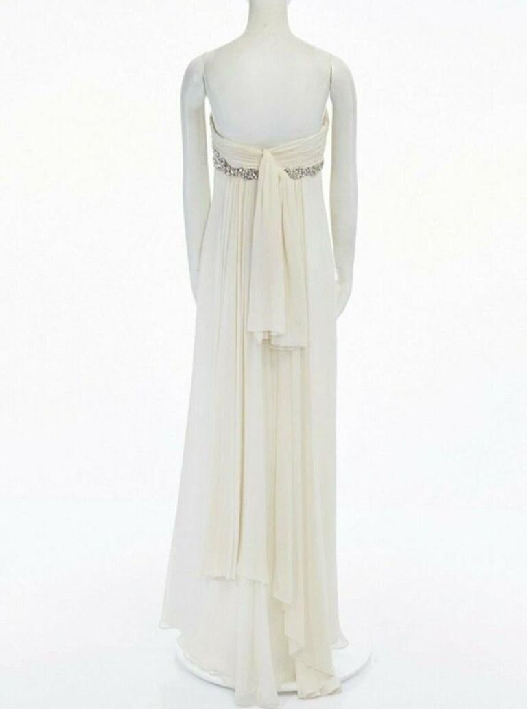 Women's MARCHESA NOTTE cream crystal jewel embellished pleated bust evening gown dress M For Sale
