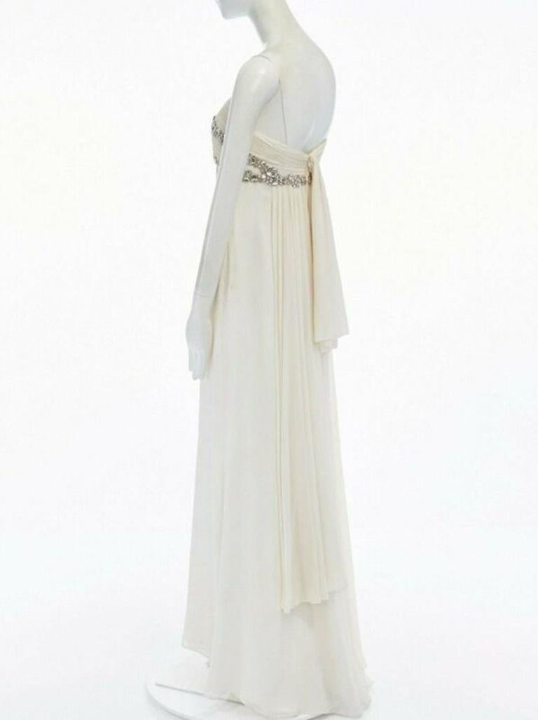 MARCHESA NOTTE cream crystal jewel embellished pleated bust evening gown dress M For Sale 1