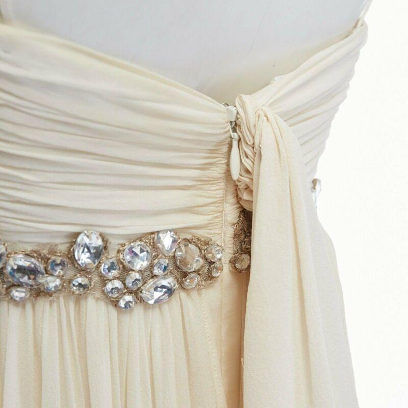 MARCHESA NOTTE cream crystal jewel embellished pleated bust evening gown dress M For Sale 2