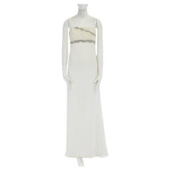 Used MARCHESA NOTTE cream crystal jewel embellished pleated bust evening gown dress M