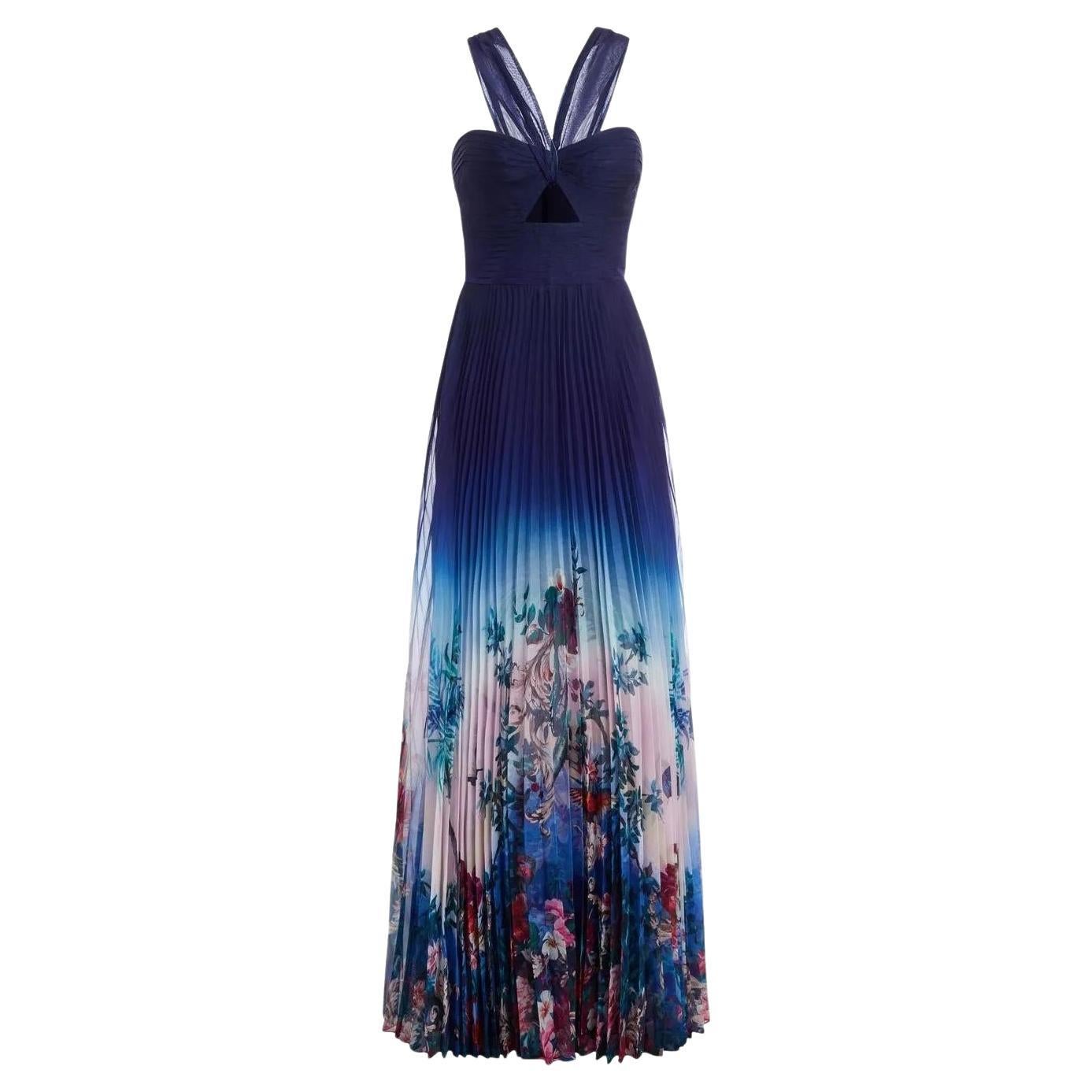 Marchesa Notte Cut-Out Detail Ombre Floral Plisse-Chiffon Gown