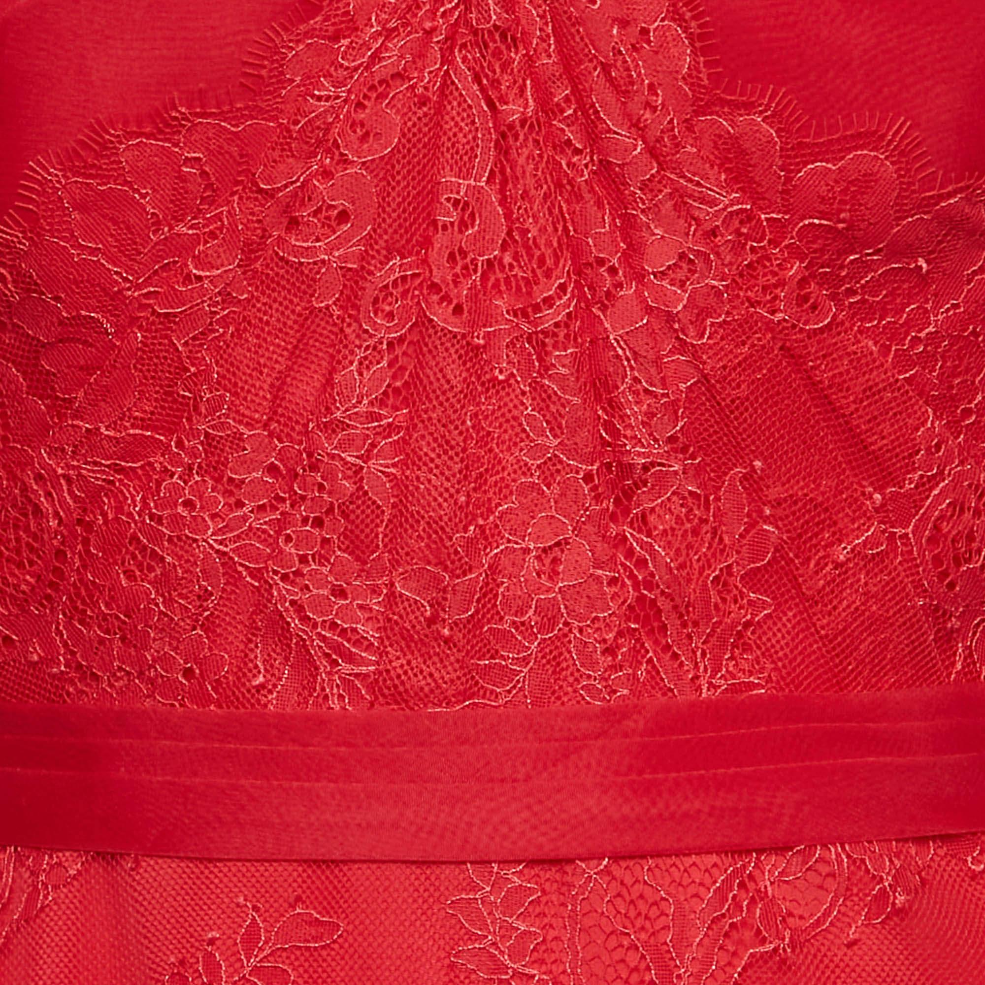Red Marchesa Notte Floral Lace Strapless Maxi Dress XS