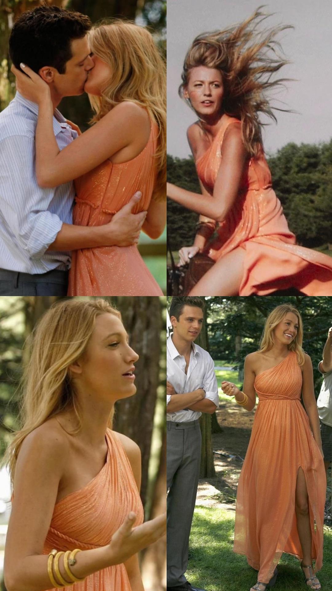 Marchesa Notte Gossip Girl Serena Lachs Orange Schimmerndes griechisches Kleid Kleid Damen im Angebot