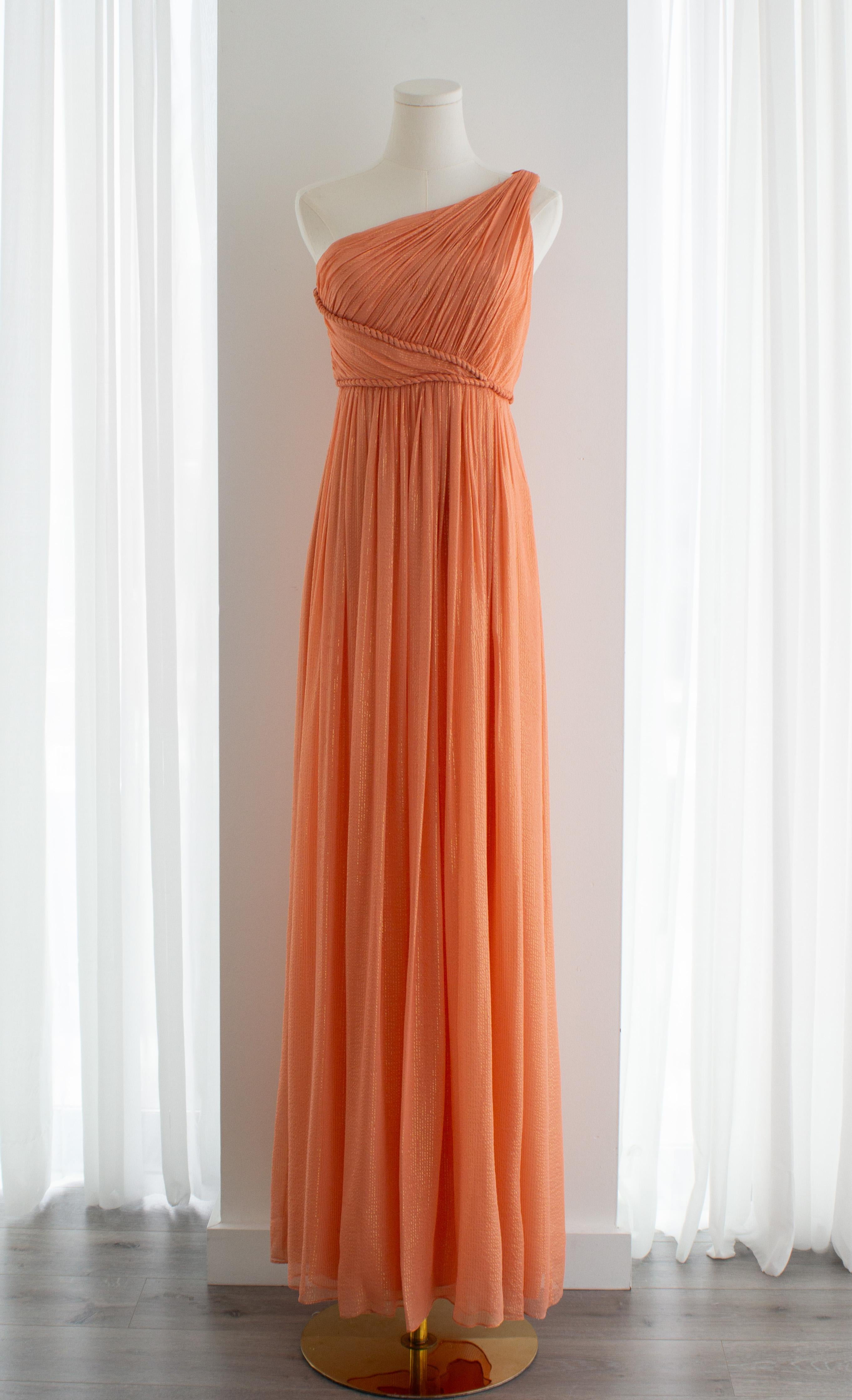 Marchesa Notte Gossip Girl Serena Lachs Orange Schimmerndes griechisches Kleid Kleid im Angebot 1