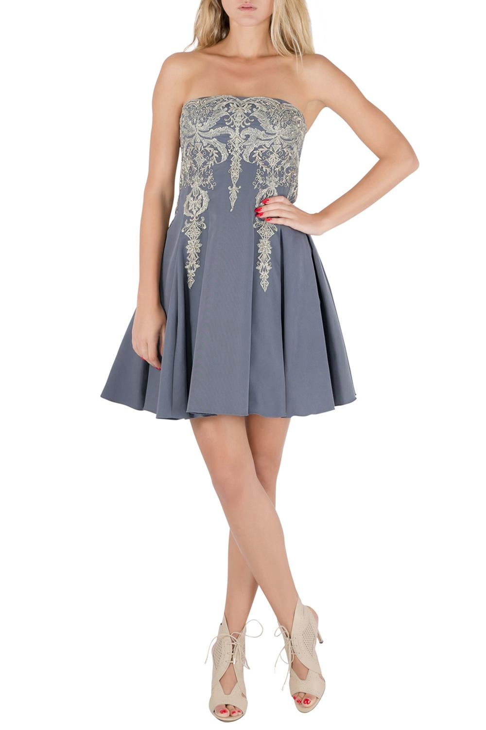 Gray Marchesa Notte Grey Cotton Silk Tulle Embroidered Applique Strapless Dress S