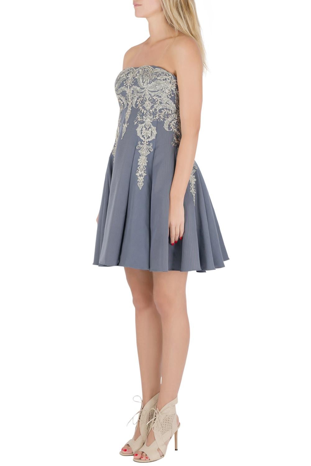 Marchesa Notte Grey Cotton Silk Tulle Embroidered Applique Strapless Dress S In New Condition In Dubai, Al Qouz 2