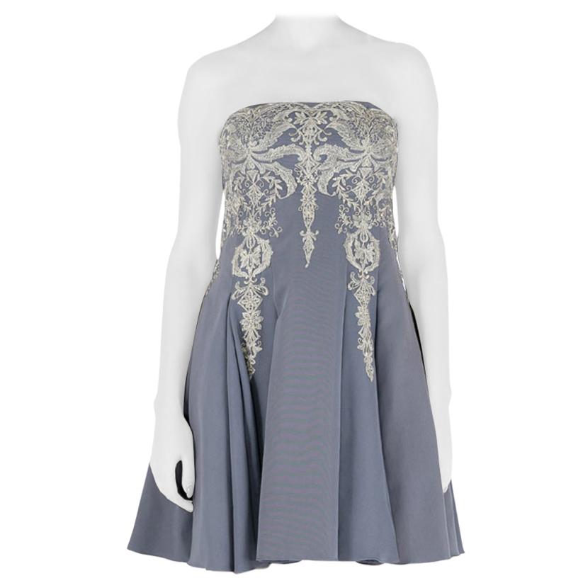 Marchesa Notte Grey Cotton Silk Tulle Embroidered Applique Strapless Dress S
