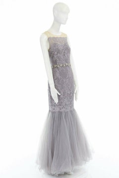 MARCHESA NOTTE grey embroidered mesh embellished belt tulle hem gown US6