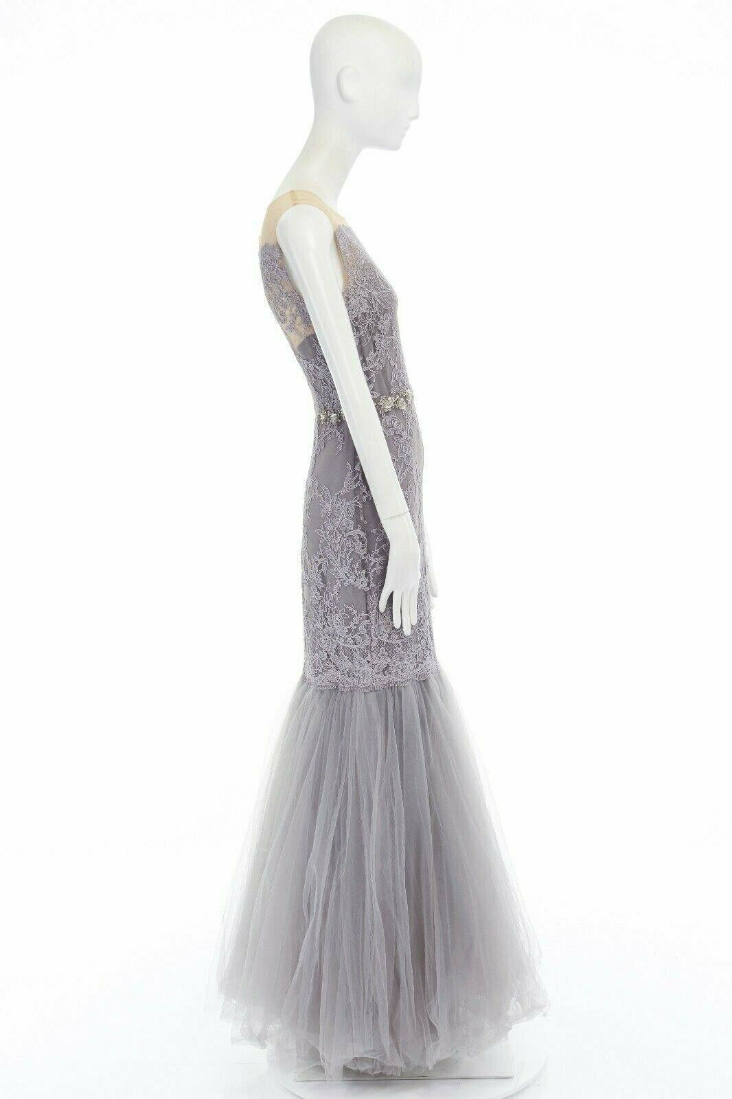 Gray MARCHESA NOTTE grey embroidered mesh embellished belt tulle hem gown US6