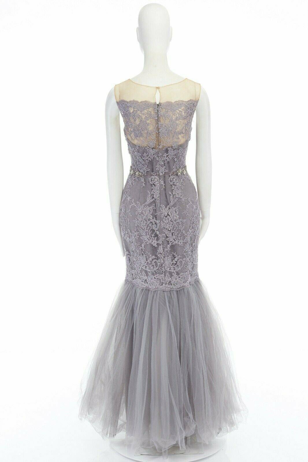MARCHESA NOTTE grey embroidered mesh embellished belt tulle hem gown US6 In Good Condition In Hong Kong, NT