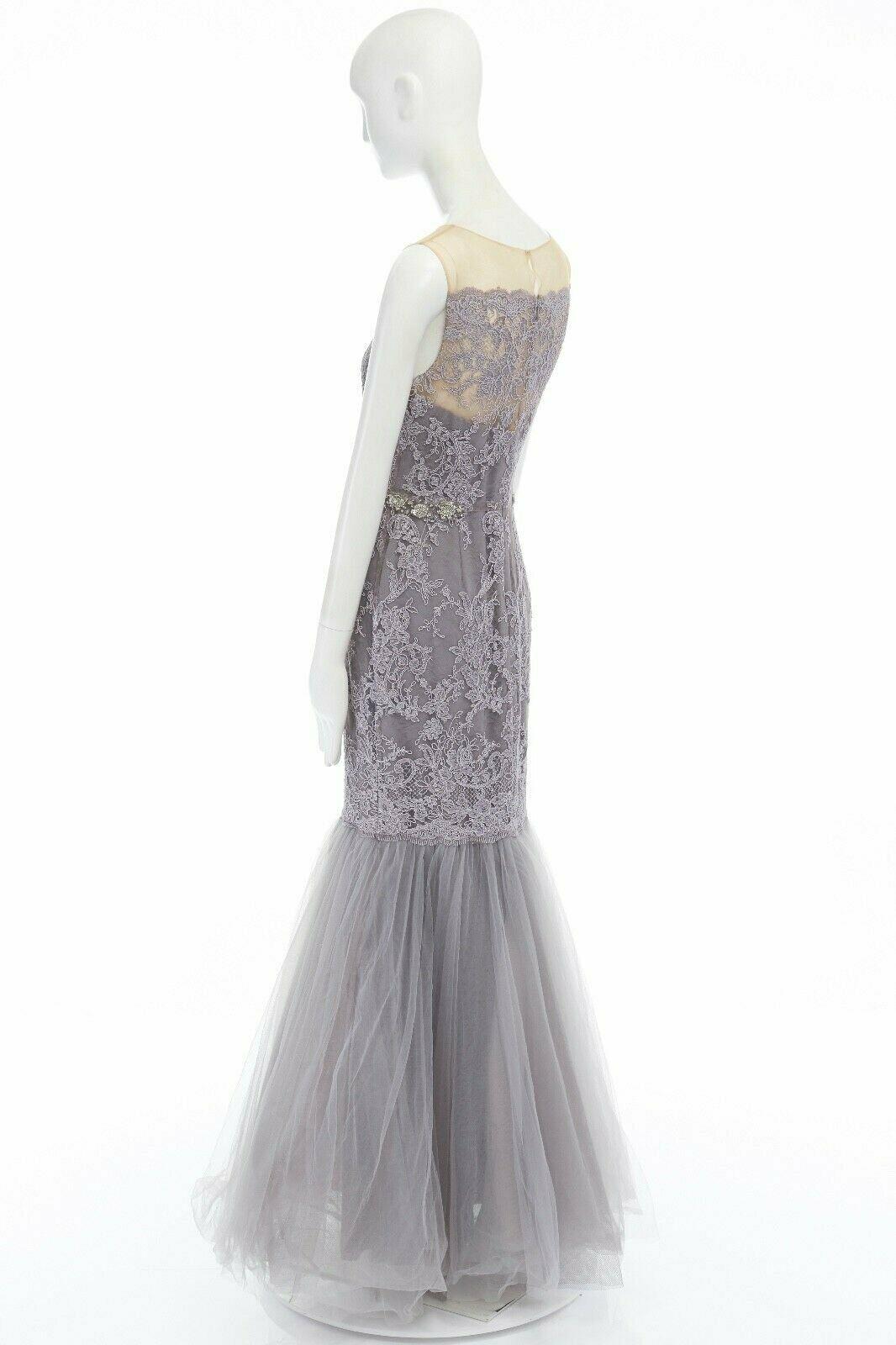 Women's MARCHESA NOTTE grey embroidered mesh embellished belt tulle hem gown US6