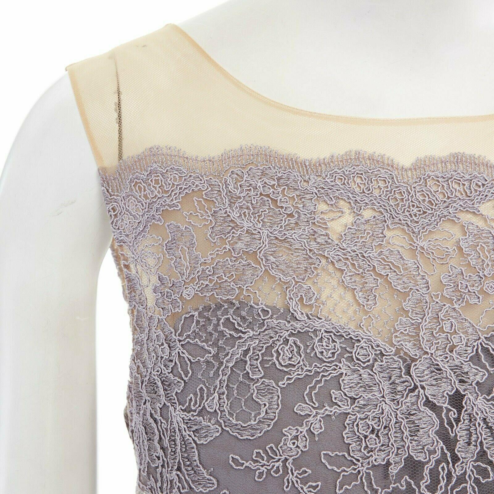 MARCHESA NOTTE grey embroidered mesh embellished belt tulle hem gown US6 1