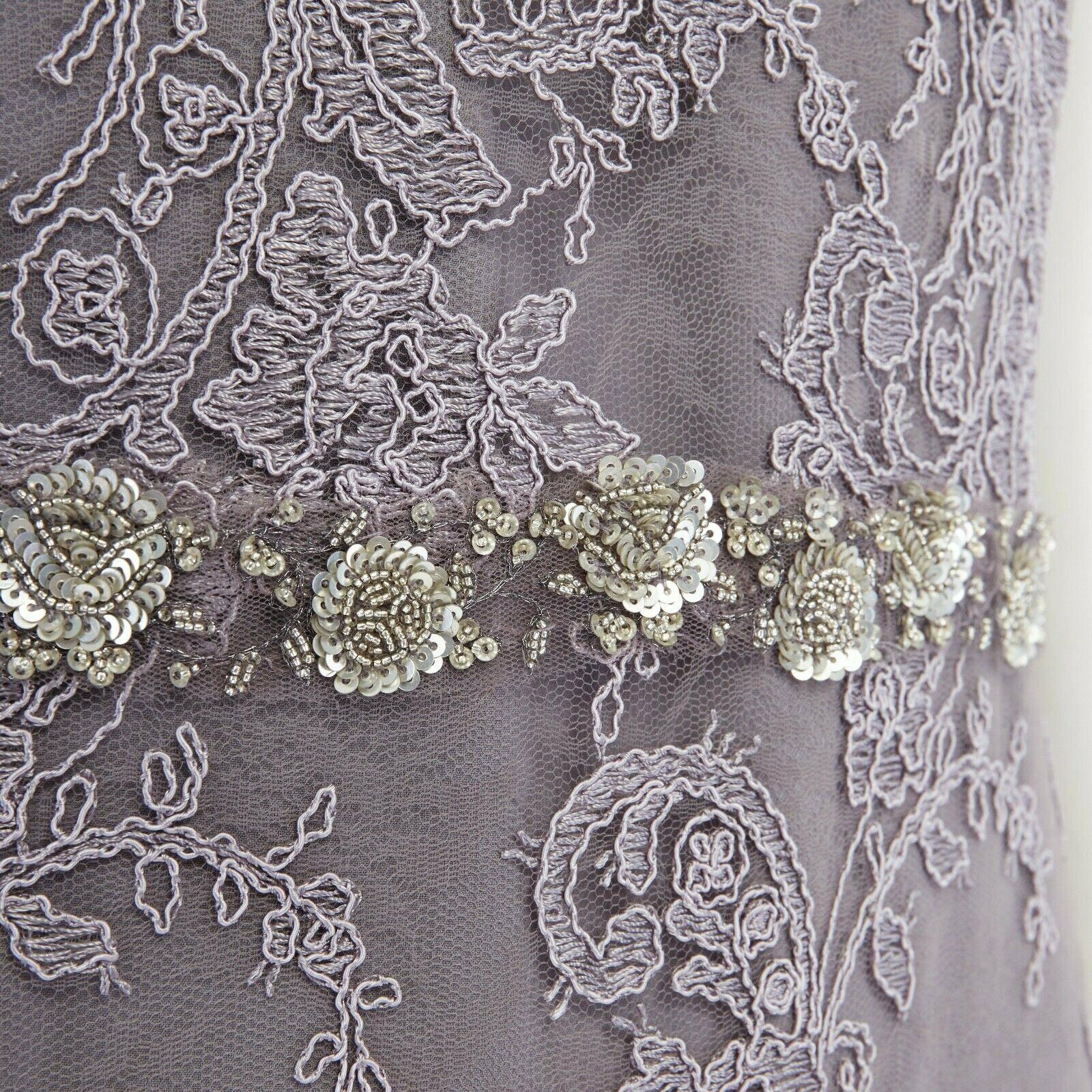 MARCHESA NOTTE grey embroidered mesh embellished belt tulle hem gown US6 2