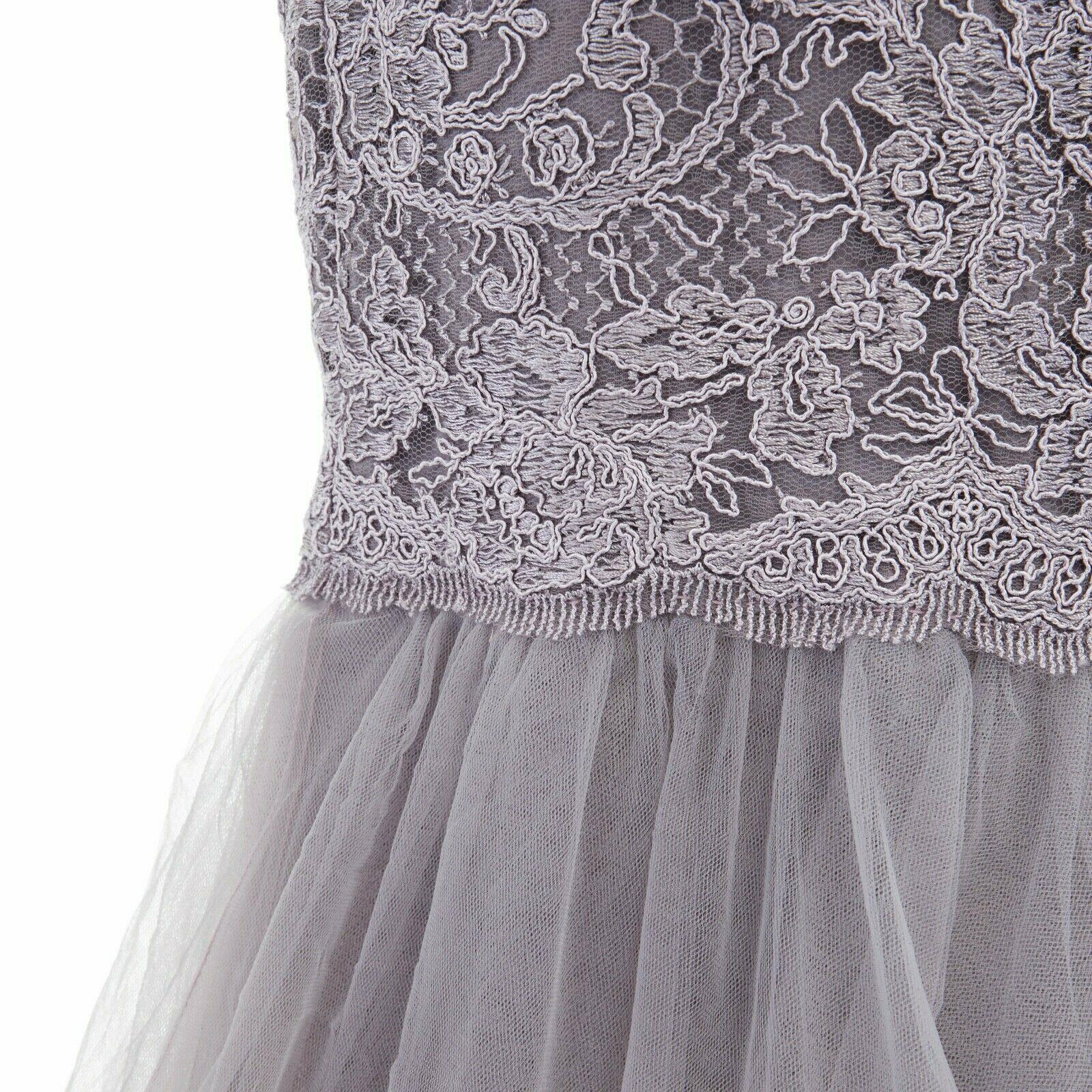MARCHESA NOTTE grey embroidered mesh embellished belt tulle hem gown US6 3