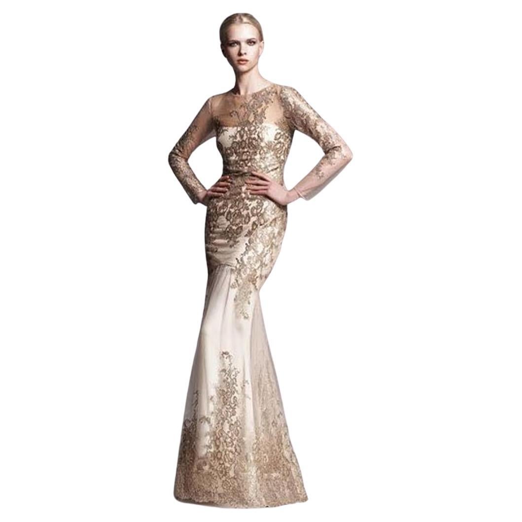 MARCHESA NOTTE LONG-SLEEVE LACE ILLUSION GOLD MERMAID GOWN Size US 10 For  Sale at 1stDibs