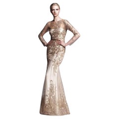 MARCHESA NOTTE LONG-SLEEVE LACE ILLUSION GOLD MERMAID GOWN Size US 10