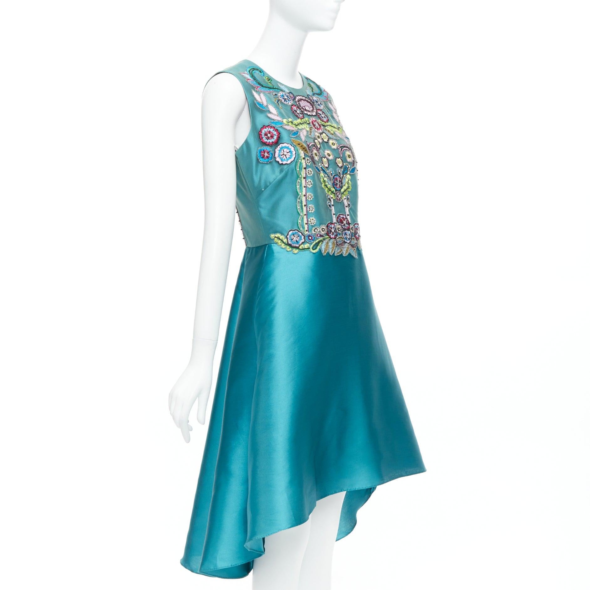 Blue MARCHESA NOTTE Mikado Runway teal blue bead embroidery high low dress US6 M For Sale