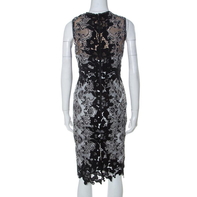 Marchesa Notte Vestido lápiz sin mangas de encaje floral monocromo S Negro
