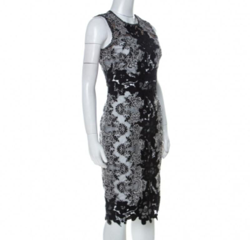 Marchesa Notte Monochrome Florale Spitze Ärmelloses Bleistiftkleid S Damen im Angebot