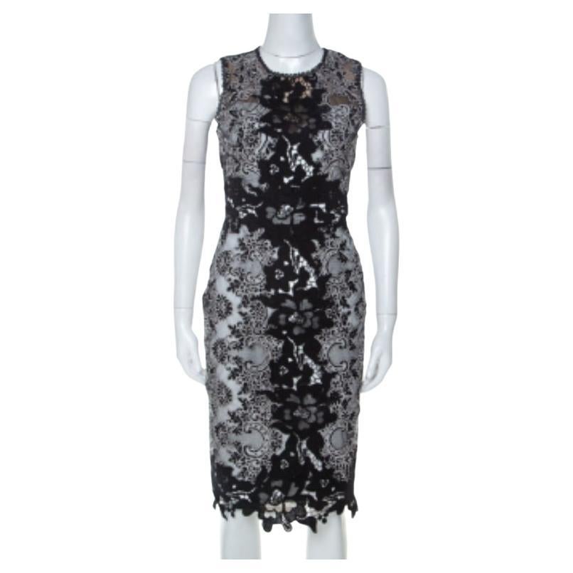 Marchesa Notte Monochrome Florale Spitze Ärmelloses Bleistiftkleid S im Angebot