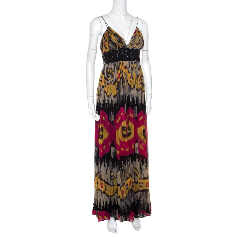 Black Marchesa Notte Multicolor Ikkat Printed Silk Embellished Sleeveless Maxi Gown S