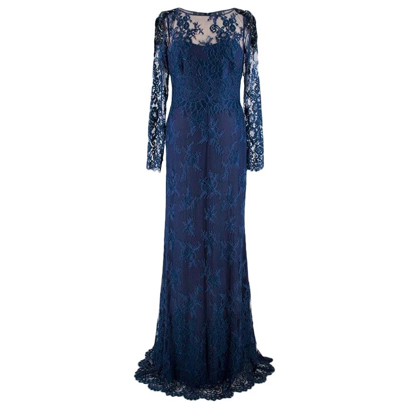 Marchesa Notte Navy Long Sleeve Lace Gown - Size US 2 For Sale at ...