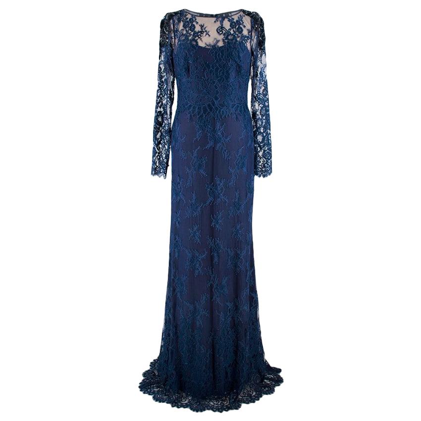  Marchesa Notte Navy long sleeve lace gown - Size US 0 For Sale