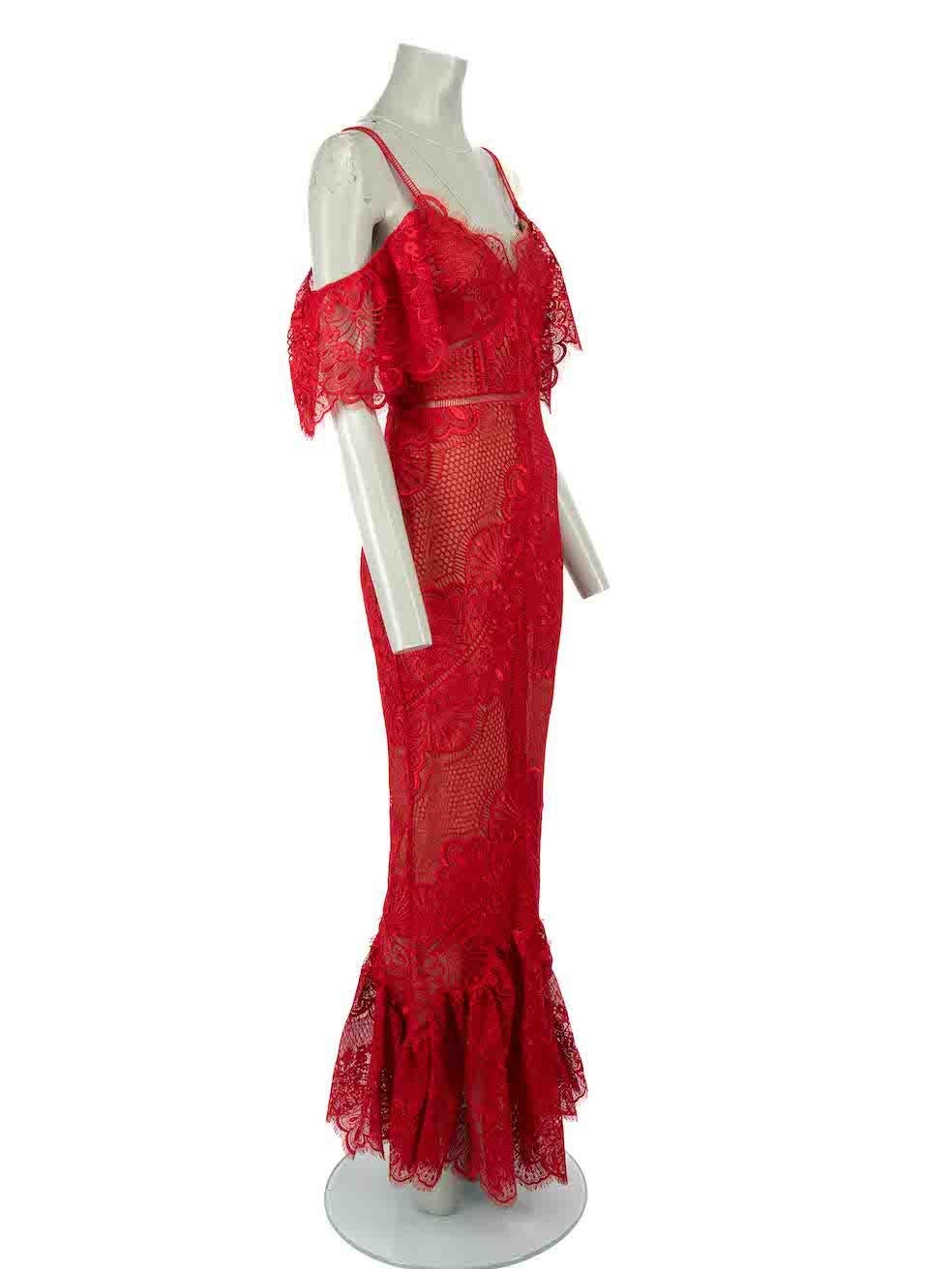 CONDITION is Very good. Hardly any visible wear to dress is evident on this used Marchesa Notte designer resale item.
 
 Details
 Red
 Polyester lace
 Dress
 V-neck
 Maxi
 Back zip fastening
 Off-the-shoulder
 
 
 Made in China
 
 Composition
 100%