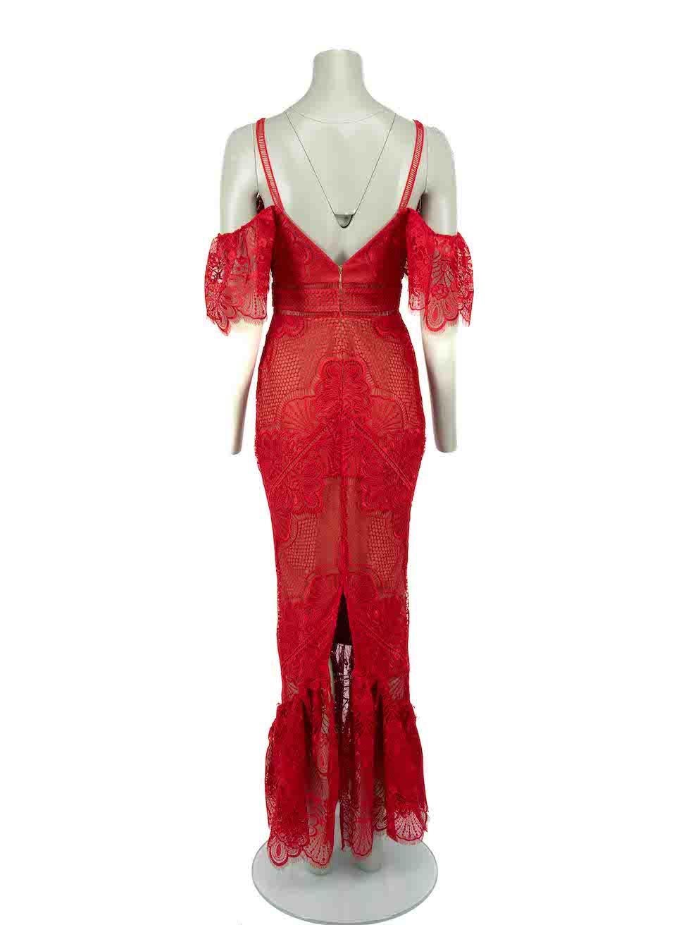 Marchesa Notte Red Lace Scallop Trim Maxi Dress Size XS In Good Condition For Sale In London, GB