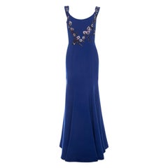 Marchesa Notte Royal Blue Floral Bead Detail Off Shoulder Evening Gown S