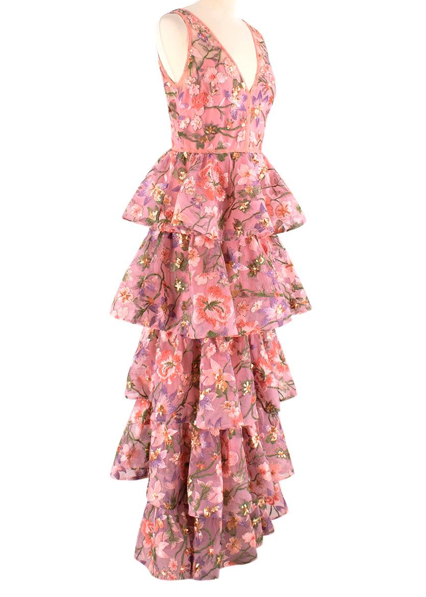 Marchesa Notte - Pink Floral Embelished Tiered Dress

- structured tiered skirt 
- floral embellishment 
- v-neck
- fully lined
- zip fastening at the back
- med weight

- body 100% nylon, lining and trim 100% polyester embroidery 70% polyester 30%