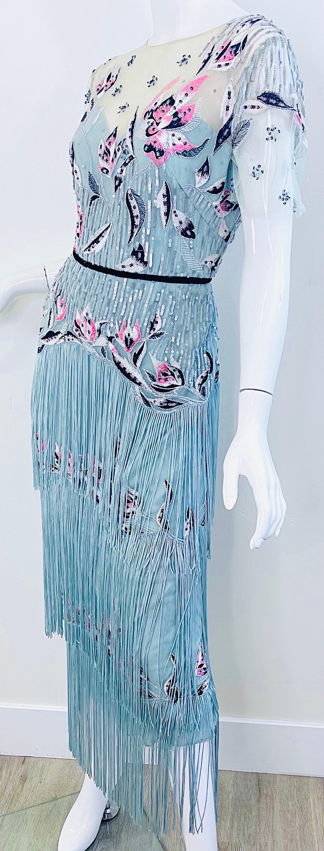 Marchesa Notte - Robe bleu clair brodée de sequins style Gatsby Flapper, taille 10 en vente 5