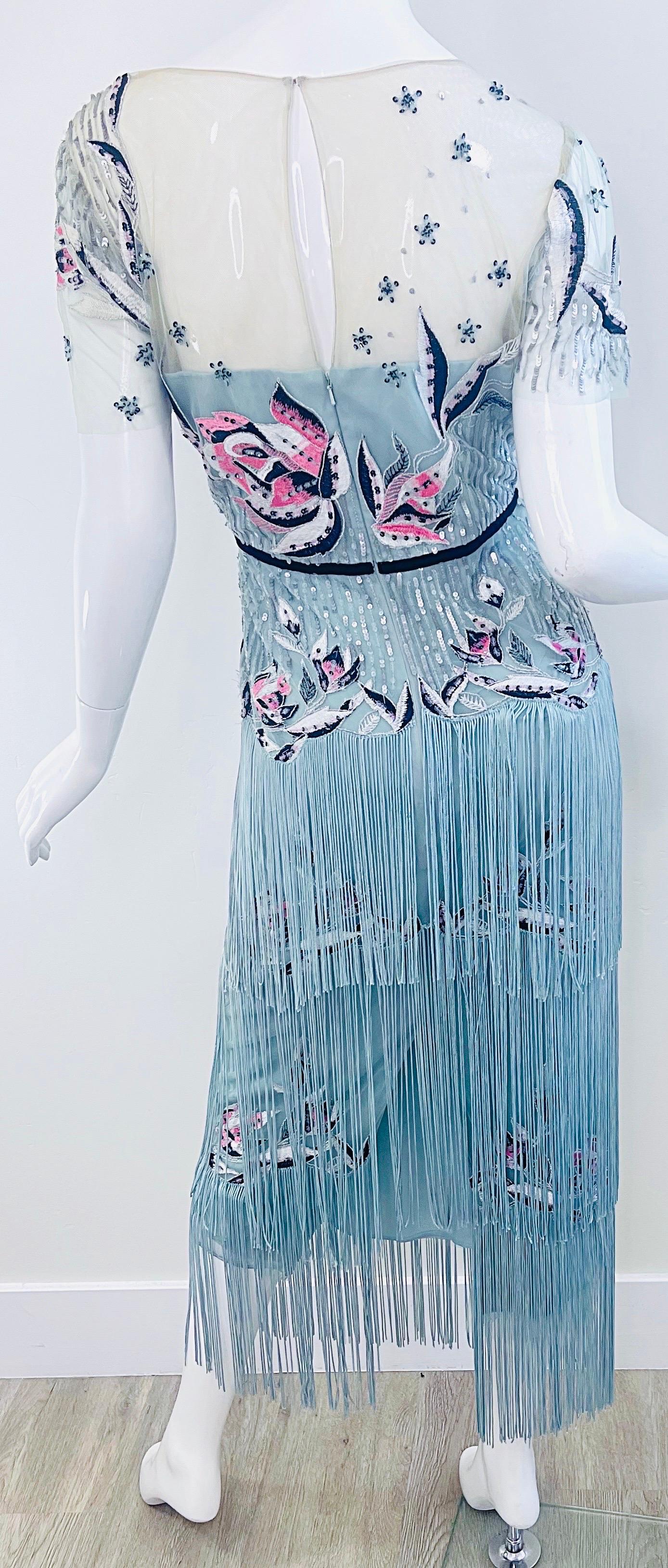 Marchesa Notte - Robe bleu clair brodée de sequins style Gatsby Flapper, taille 10 en vente 6