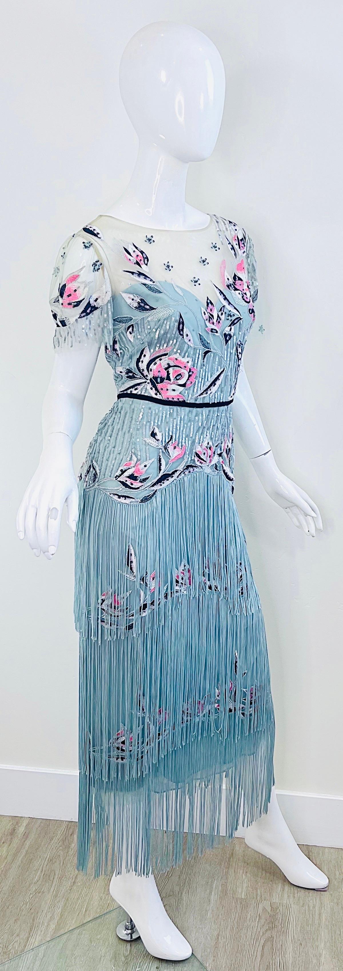 Marchesa Notte - Robe bleu clair brodée de sequins style Gatsby Flapper, taille 10 en vente 7