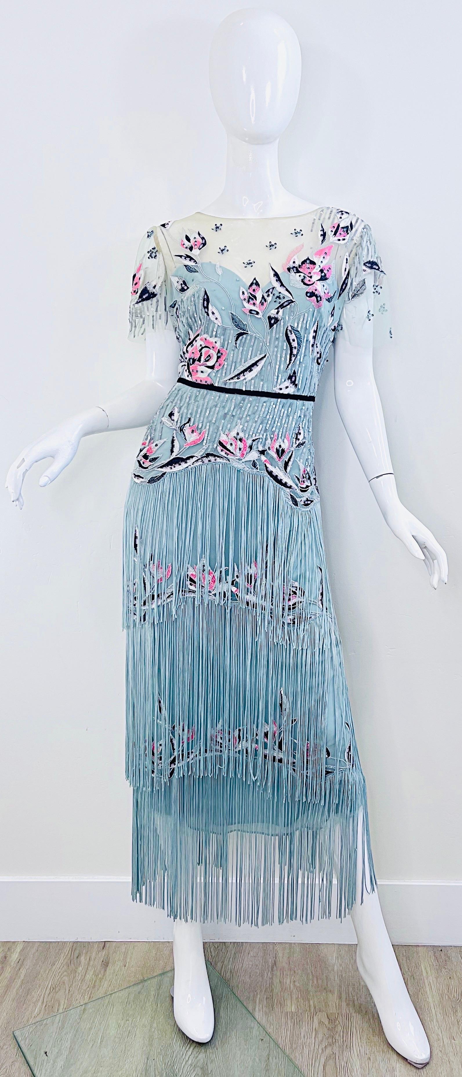 Marchesa Notte - Robe bleu clair brodée de sequins style Gatsby Flapper, taille 10 en vente 8