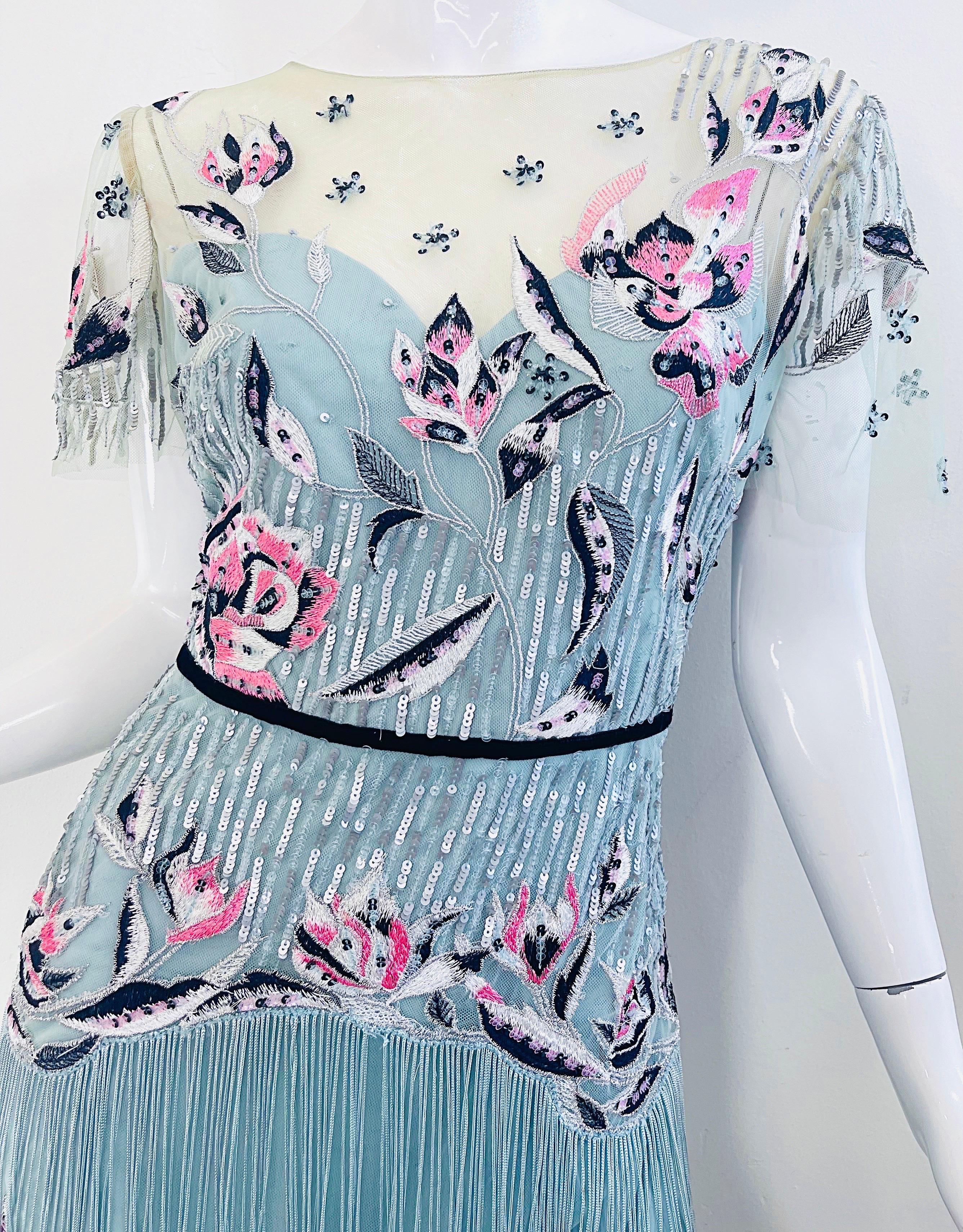 Marchesa Notte - Robe bleu clair brodée de sequins style Gatsby Flapper, taille 10 Pour femmes en vente