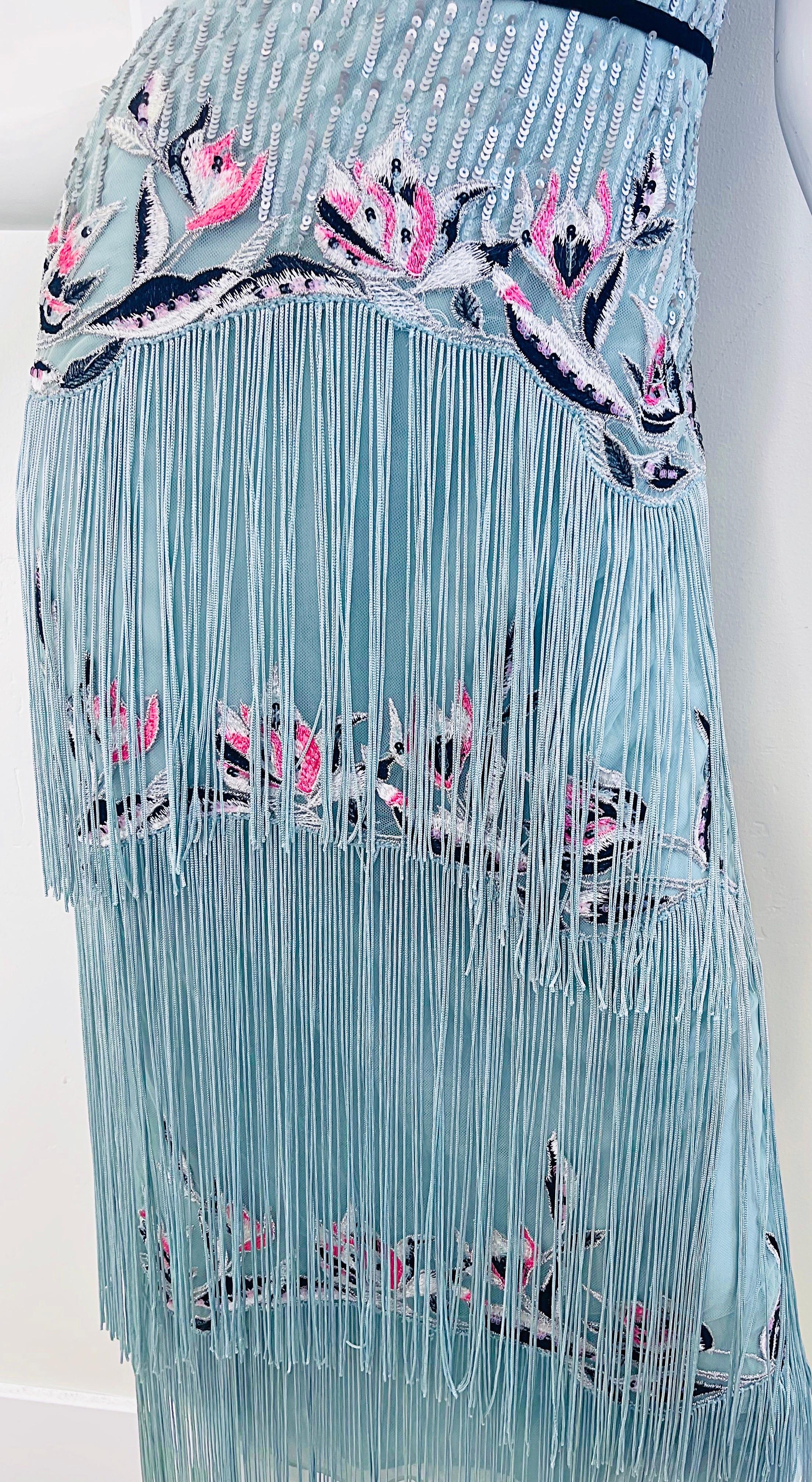 Marchesa Notte - Robe bleu clair brodée de sequins style Gatsby Flapper, taille 10 en vente 1