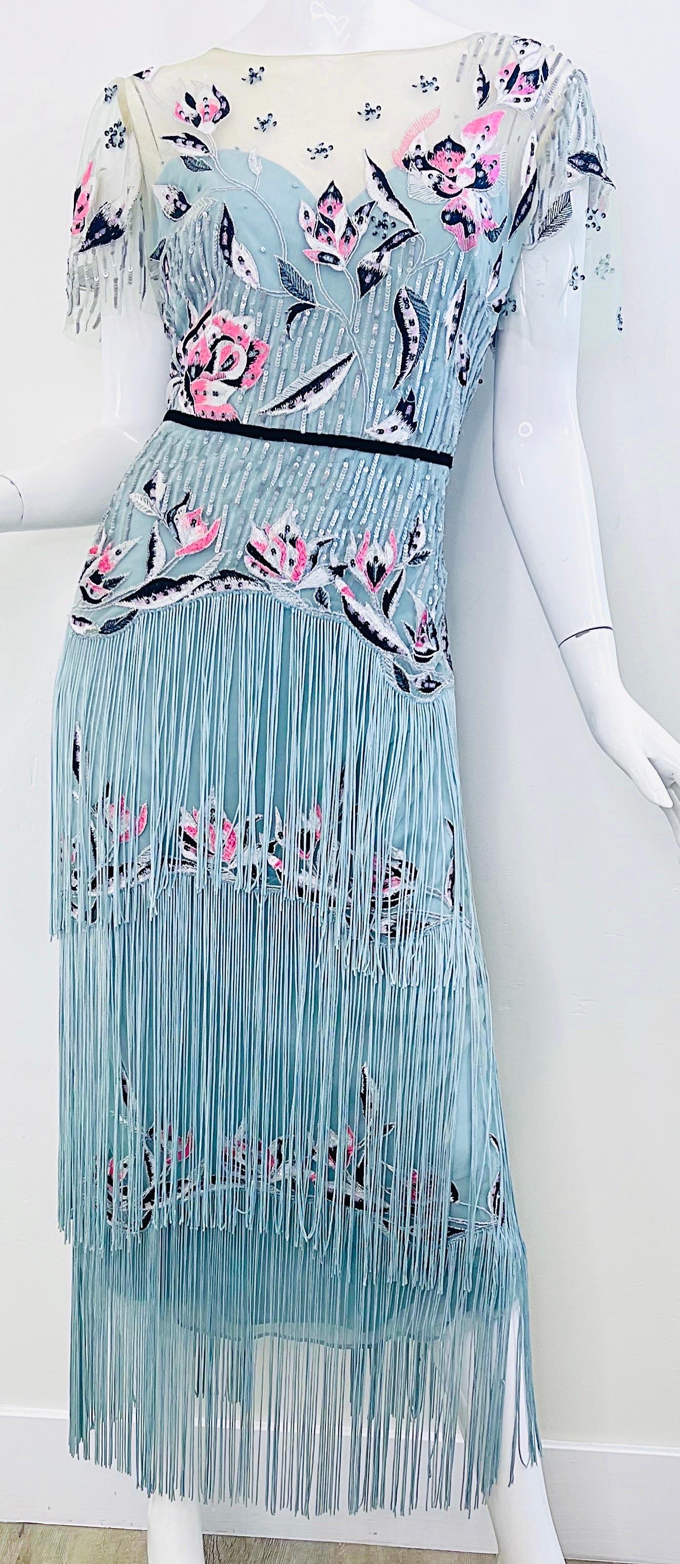 Marchesa Notte - Robe bleu clair brodée de sequins style Gatsby Flapper, taille 10 en vente 2