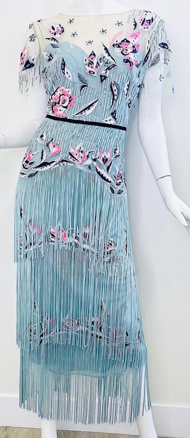 Marchesa Notte Size 10 Light Blue Sequin Embroidered Gatsby Flapper Style  Dress For Sale at 1stDibs