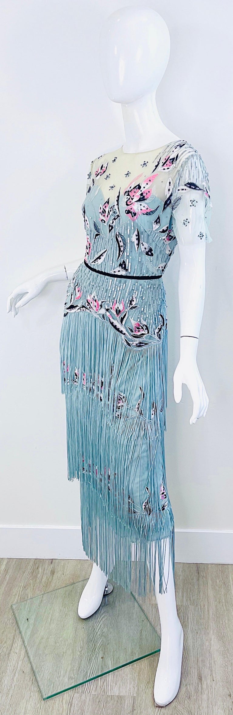 Marchesa Notte Size 10 Light Blue Sequin Embroidered Gatsby Flapper Style  Dress For Sale at 1stDibs