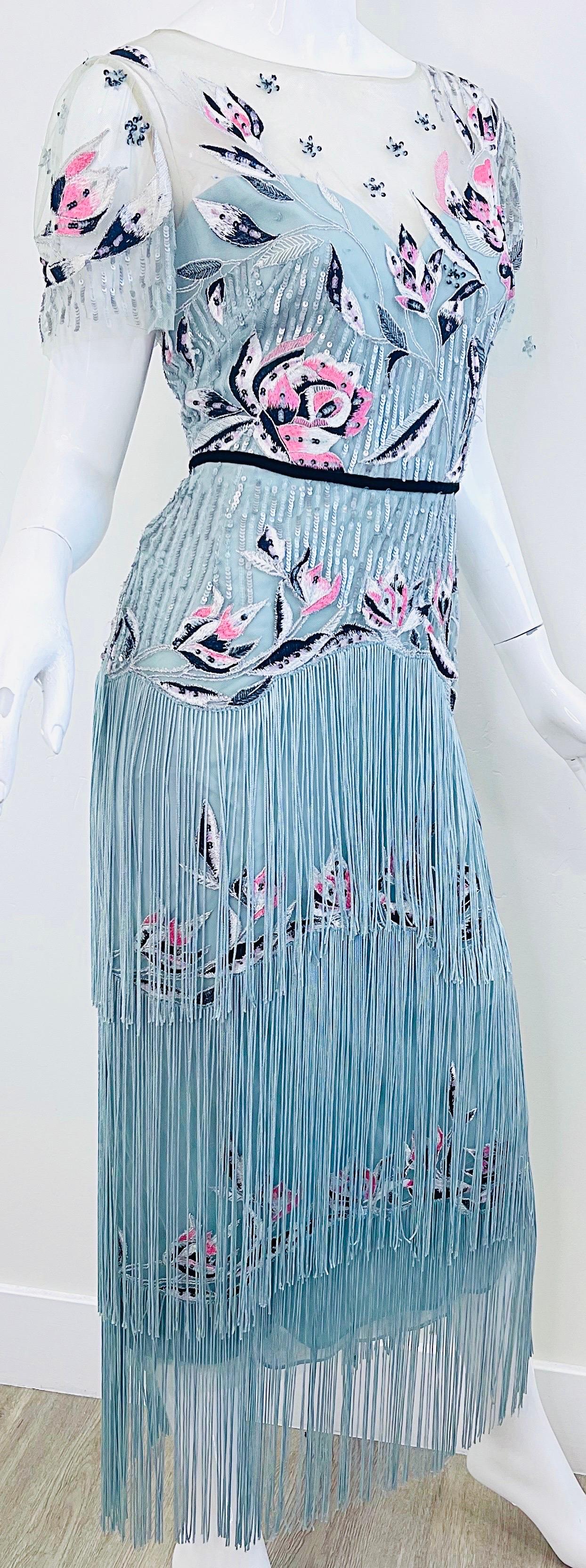 Marchesa Notte - Robe bleu clair brodée de sequins style Gatsby Flapper, taille 10 en vente 4