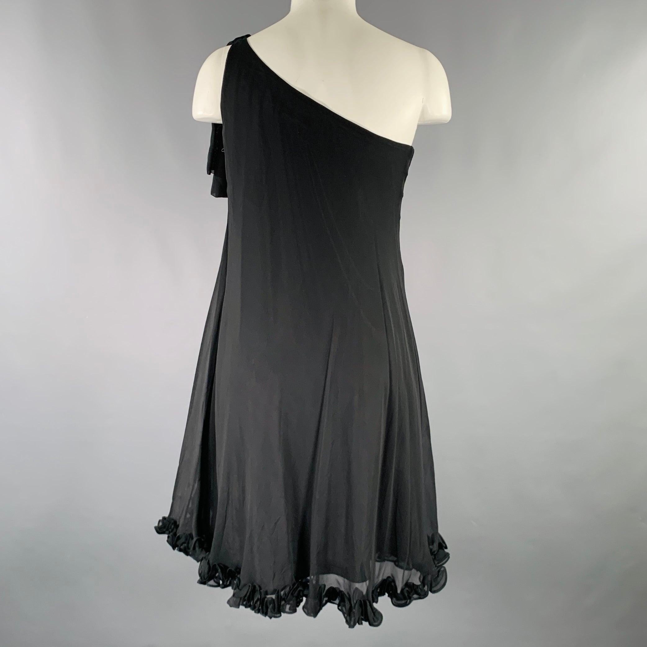 Women's MARCHESA NOTTE Size 4 Black Silk Ruffled One Shoulder Cocktail Dress For Sale