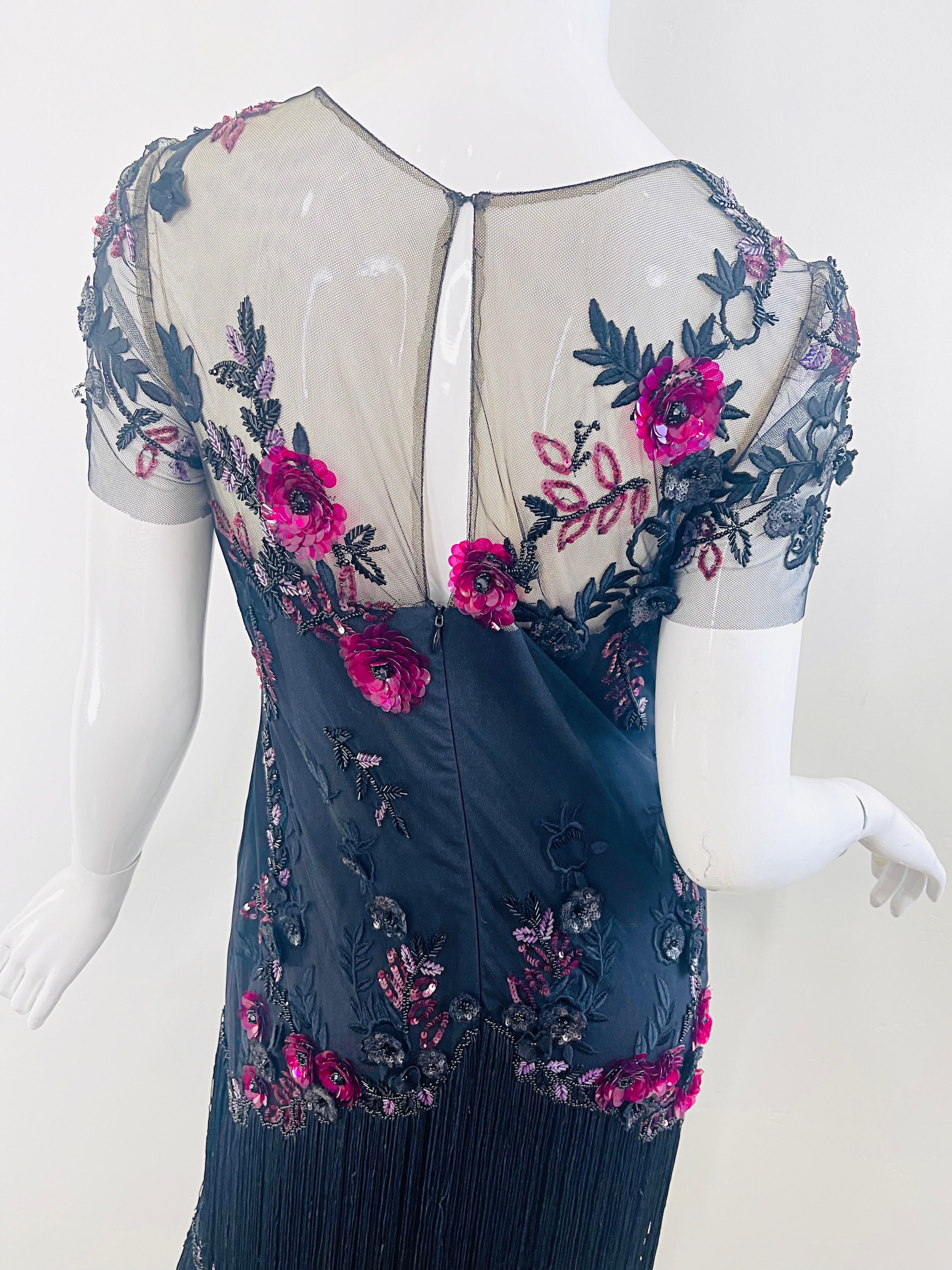 Marchesa Notte Größe 6 / 8 Schwarz Himbeerrosa Gatsby Flapper Stil Fransen Kleid im Angebot 6