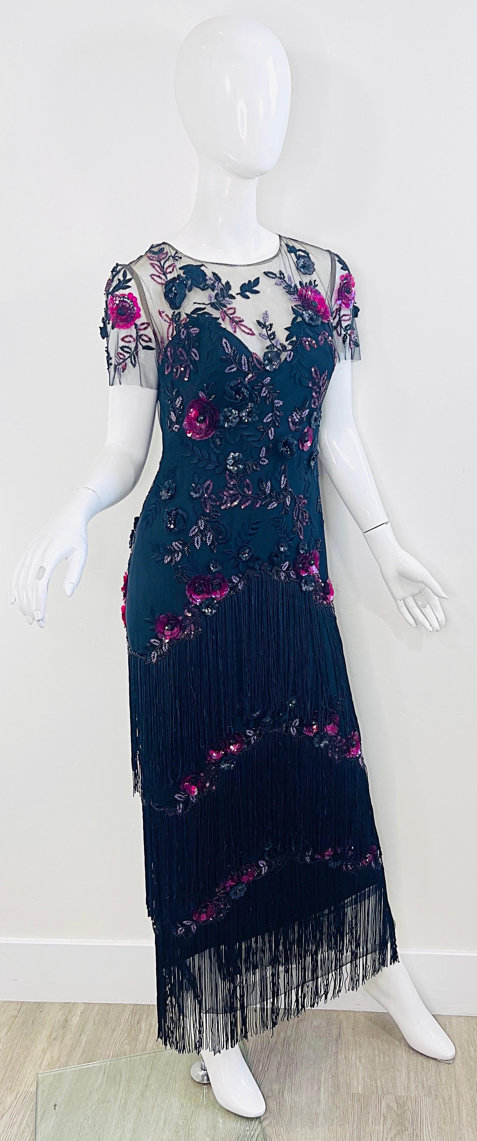 Marchesa Notte Größe 6 / 8 Schwarz Himbeerrosa Gatsby Flapper Stil Fransen Kleid im Angebot 7