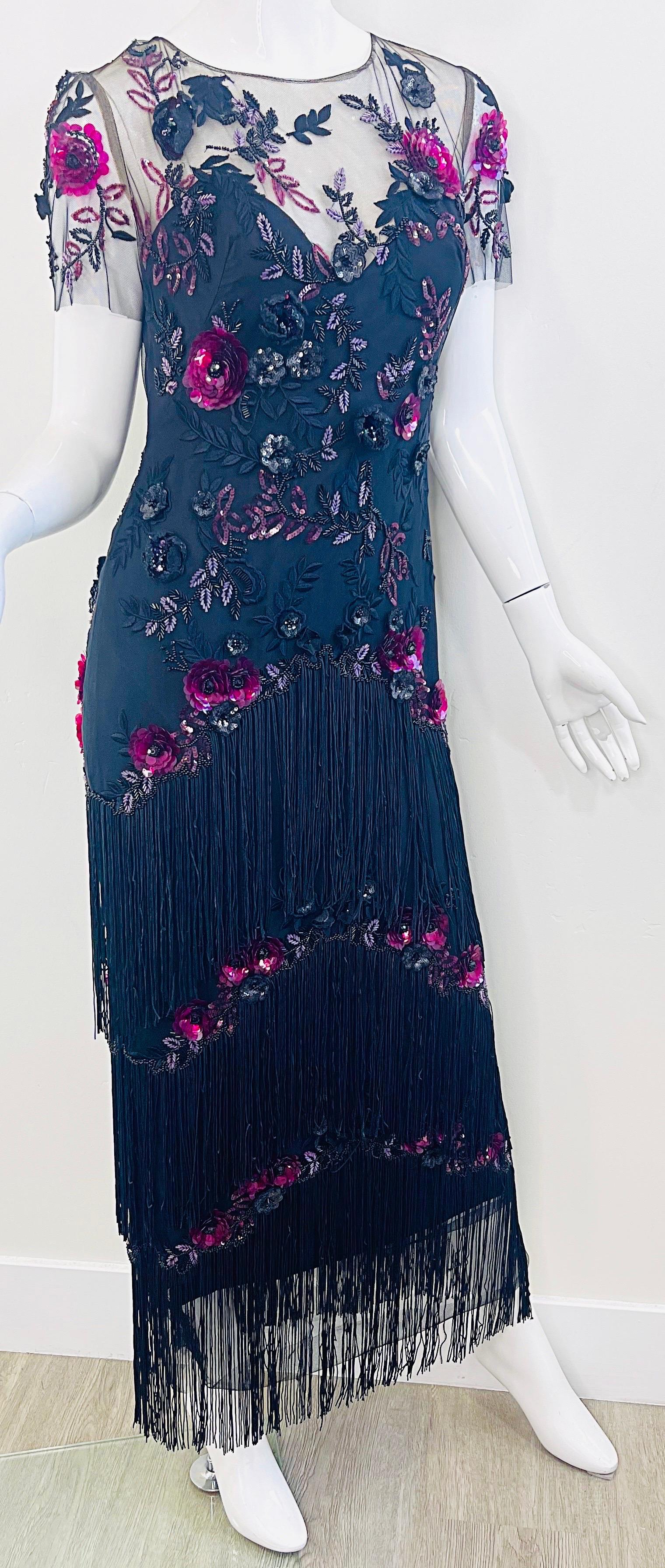 Marchesa Notte Größe 6 / 8 Schwarz Himbeerrosa Gatsby Flapper Stil Fransen Kleid im Angebot 8