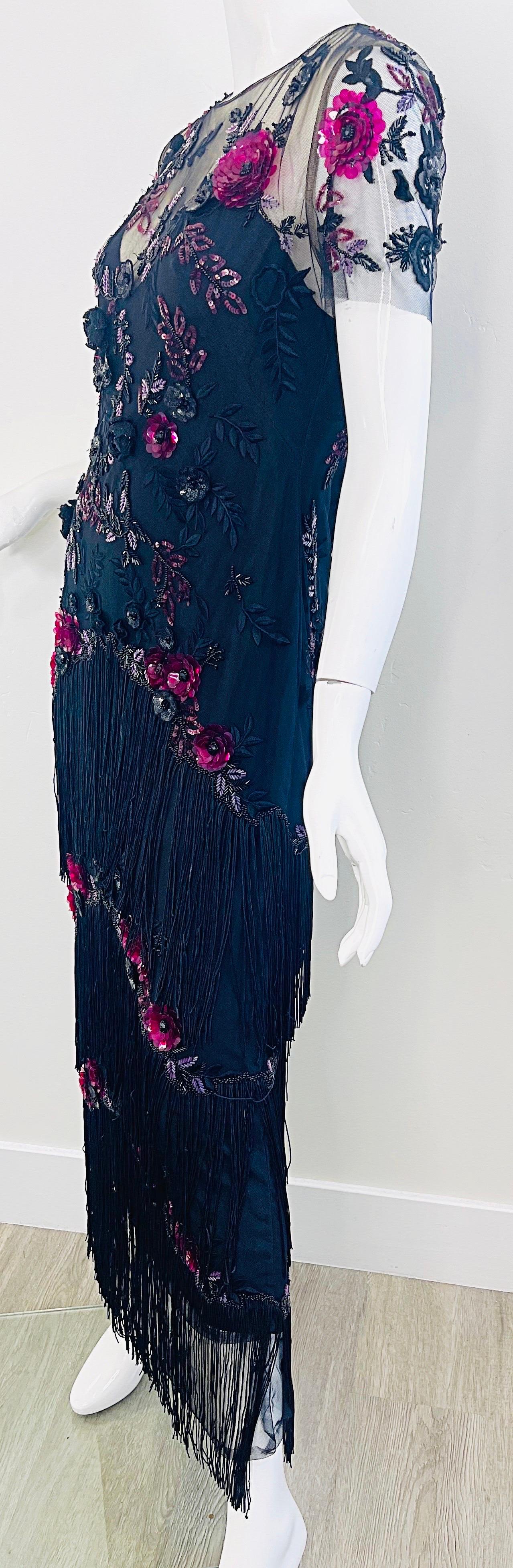 Marchesa Notte Größe 6 / 8 Schwarz Himbeerrosa Gatsby Flapper Stil Fransen Kleid im Angebot 9