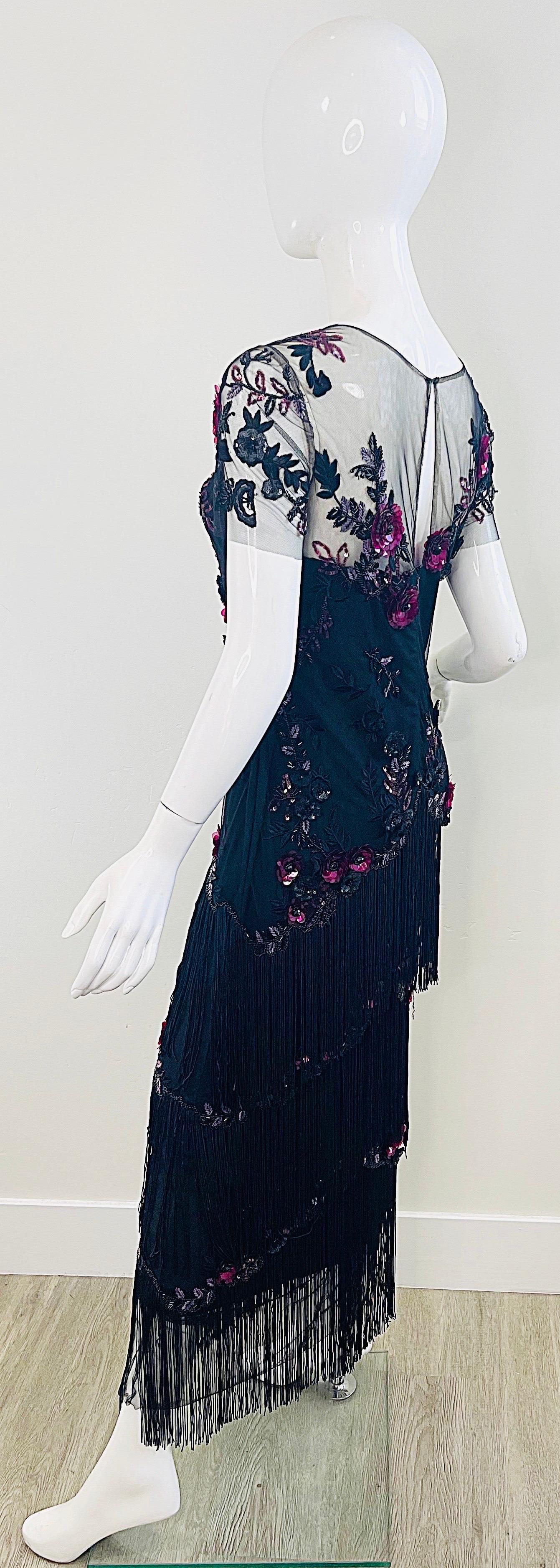 Marchesa Notte Größe 6 / 8 Schwarz Himbeerrosa Gatsby Flapper Stil Fransen Kleid im Angebot 10