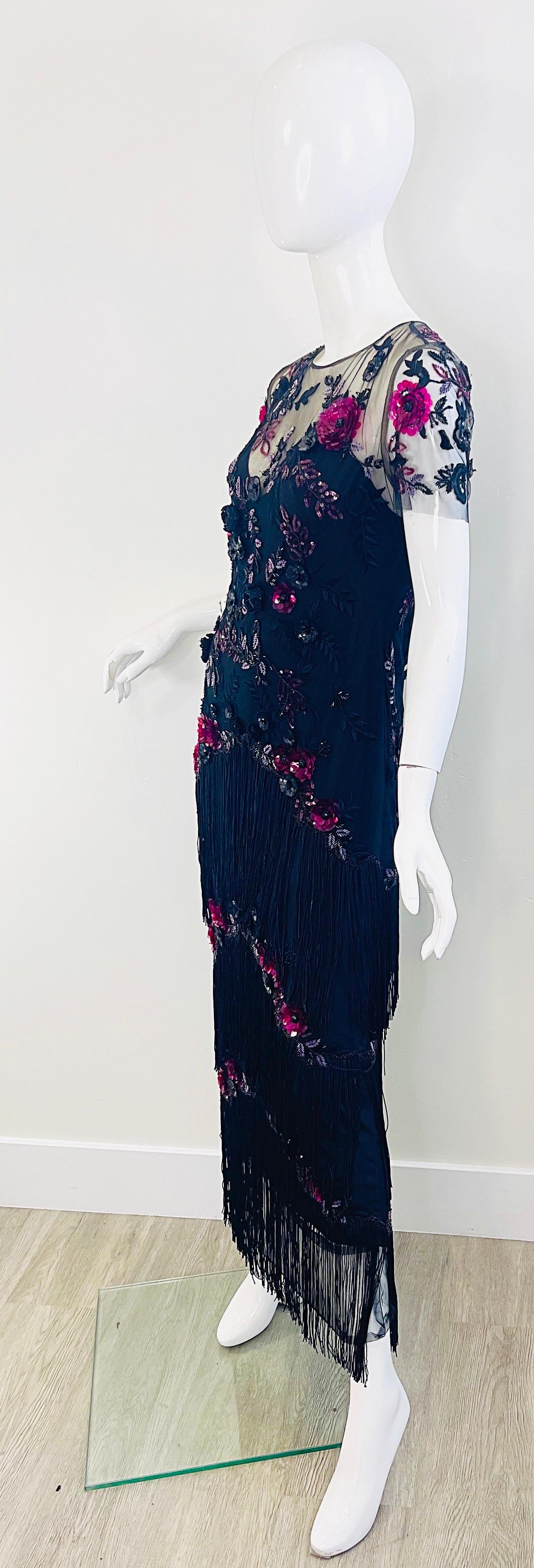 Marchesa Notte Größe 6 / 8 Schwarz Himbeerrosa Gatsby Flapper Stil Fransen Kleid im Angebot 11