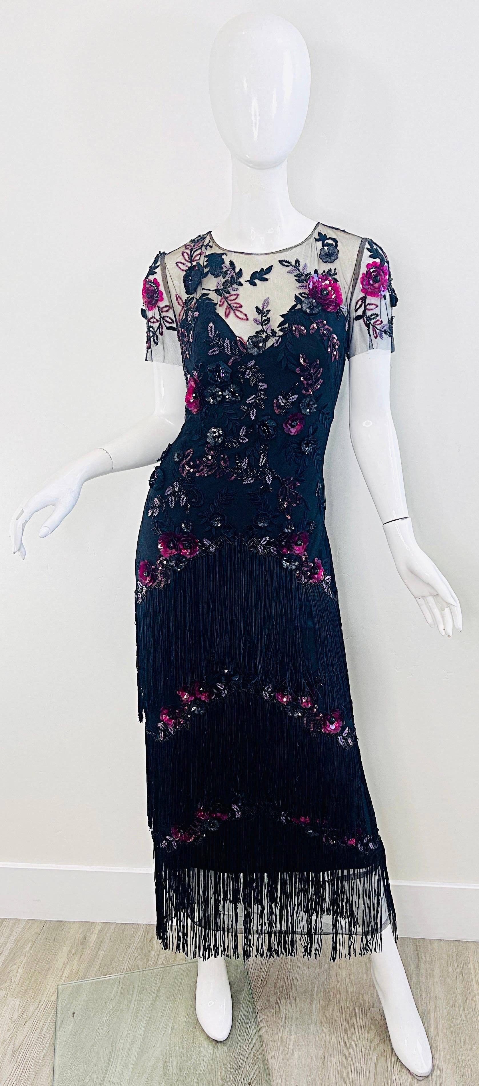 Marchesa Notte Größe 6 / 8 Schwarz Himbeerrosa Gatsby Flapper Stil Fransen Kleid Damen im Angebot