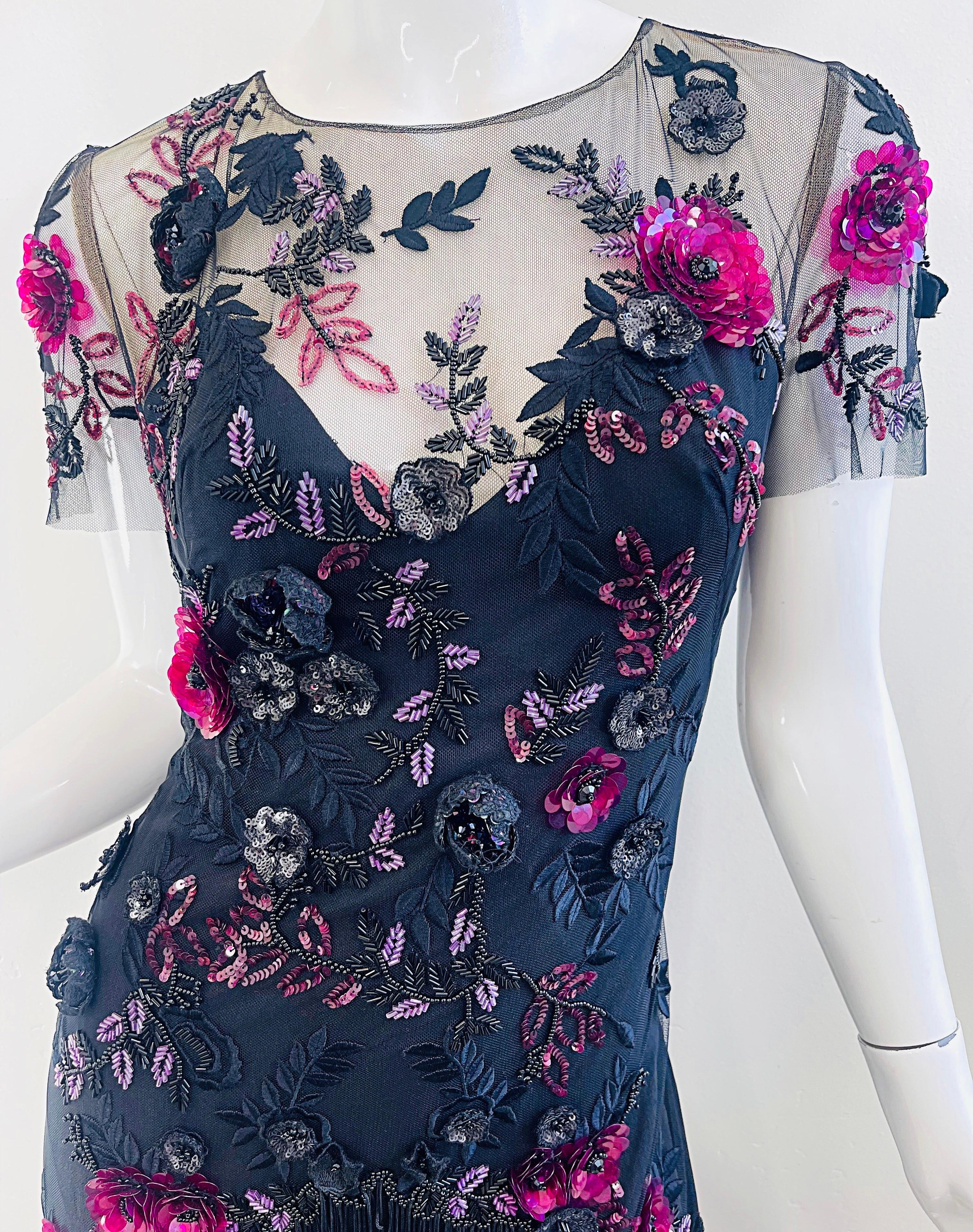 Marchesa Notte Größe 6 / 8 Schwarz Himbeerrosa Gatsby Flapper Stil Fransen Kleid im Angebot 1